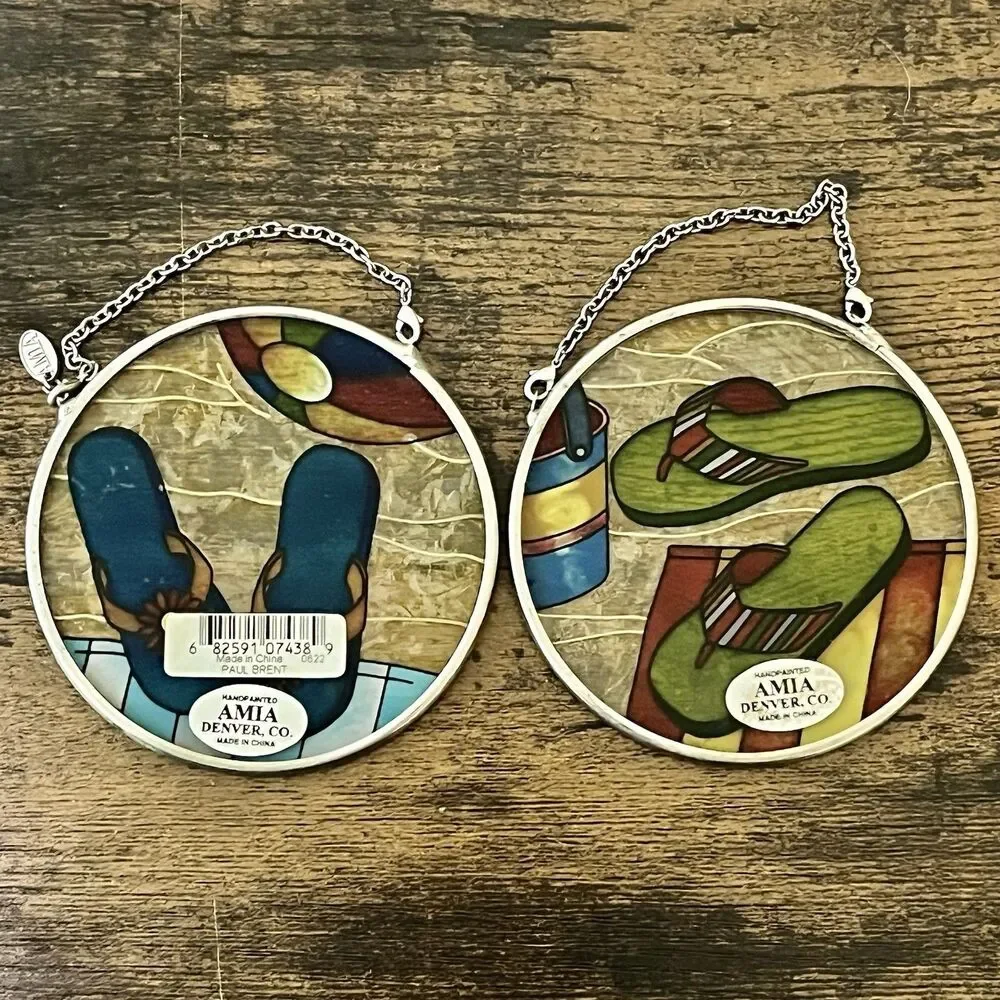 Set of 2 Amia Hand Painted Glass Flip Flop Beach Suncatchers 3.5” Hanging Decor